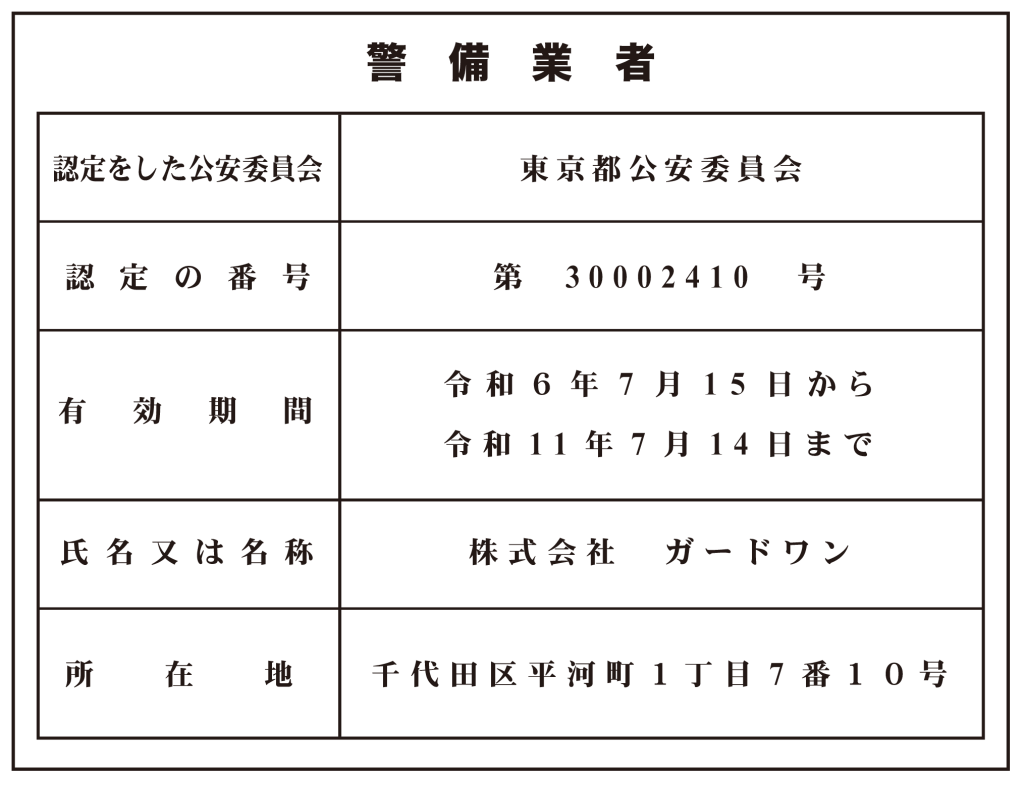 警備業者　認定番号　第30002410　号